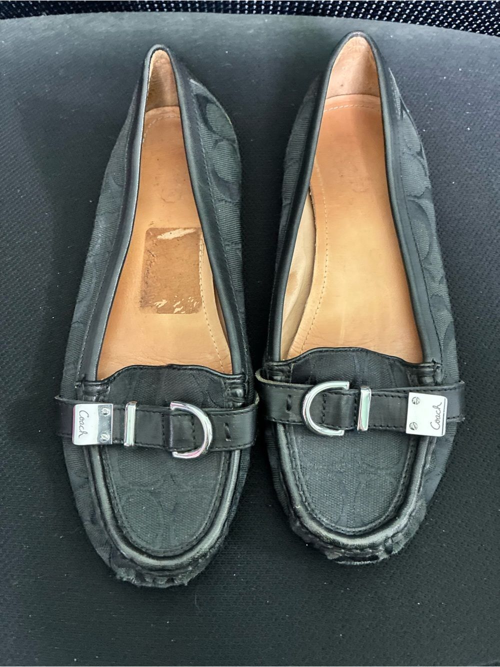 Coach Flores Signature Jacquard Loafers Black Canvas Buckle Flats A2160 Size 7.5
